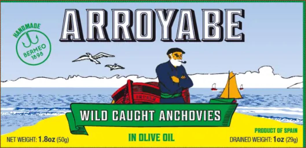 Arroyabe Anchovies 1.80 oz.  anchovies, olive oil, Spanish, premium tinned fish