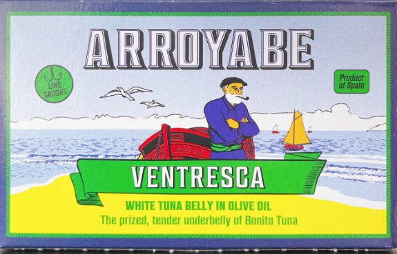 Arroyabe  Ventresca Bonito Tuna Belly (toro)  3.9 oz.  fatty, small fish, tinned fish, healthy,