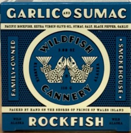 Garlic Sumac Rockfish  3.88 oz. Alaska Garlic Sumac Rockfish, Wildfish Cannery, wild-caught rockfish, canned rockfish, garlic rockfish, sumac rockfish, gourmet seafood, pantry seafood, ready-to-eat fish, sustainably caught fish, artisan canned seafood, Pacific rockfish, premium tinned fish, seafood gift, wild seafood pantry