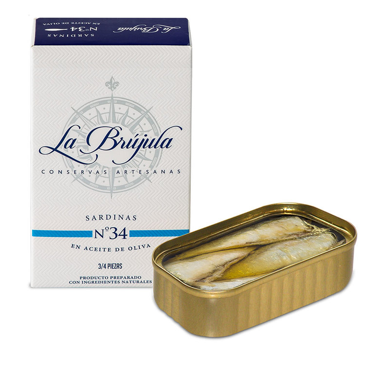 La Brujula conservas Sardines in Oil,  : 3/4 cut Sardines  No. 34 Sardines in oil, Spanish tinned fish, sardines, Galicia spain